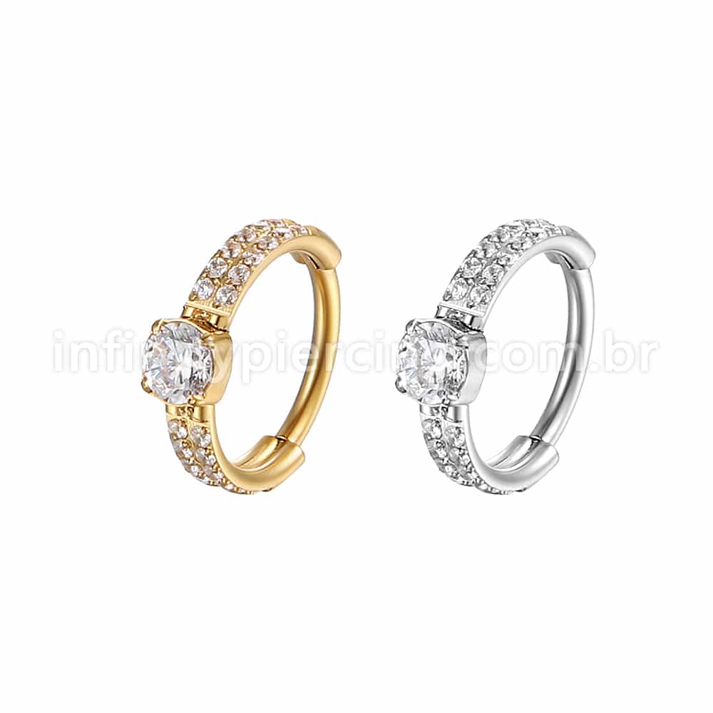 Piercing Argola Aço Cirúrgico Segmento Articulado Zircônia Cravejada 2 Fileiras
